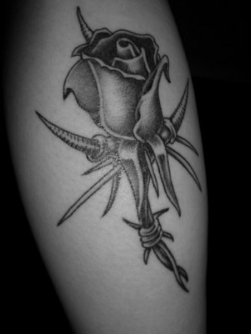Grey Ink Black Rose Barbed Wire Tattoo On Half Sleeve
